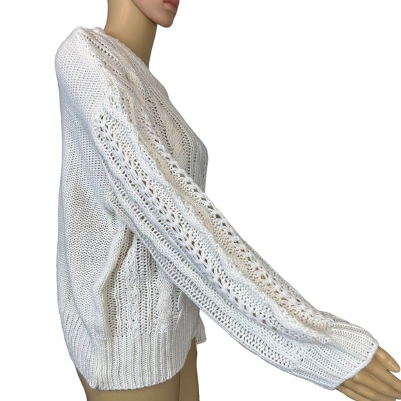 Women Pullover Sweater Large Apricot-Cream Knit Cable Round Neck Long Sleeve - Picture 8 of 9